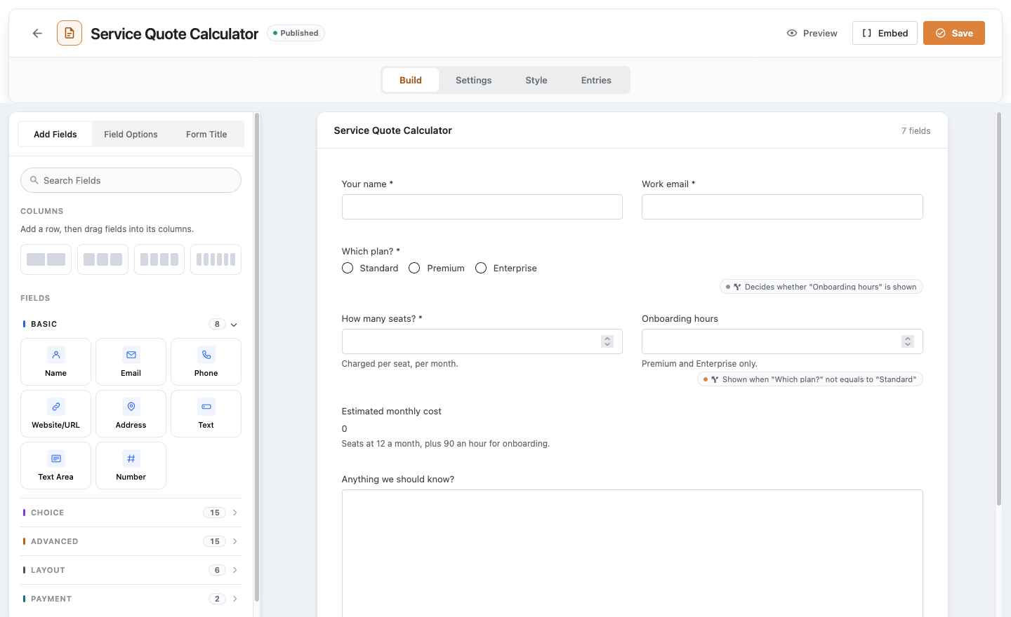 The Hash Form builder with fields arranged in rows and columns