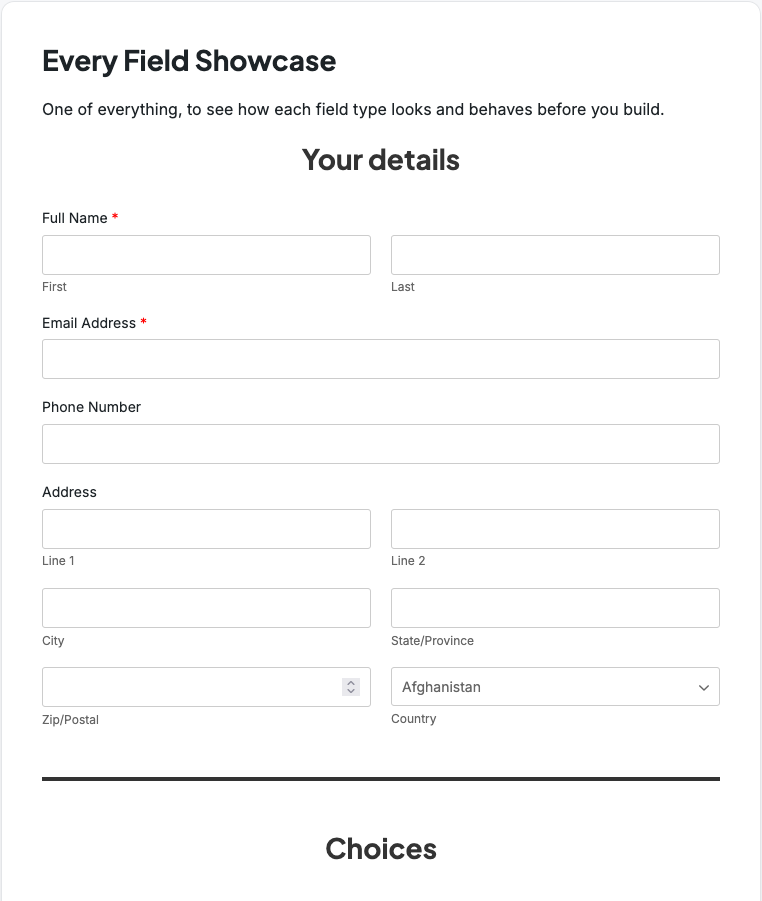 A form showing Hash Form field types
