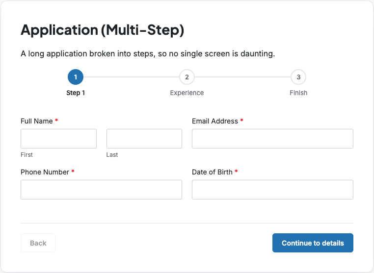 A multi-step application form with a step progress indicator