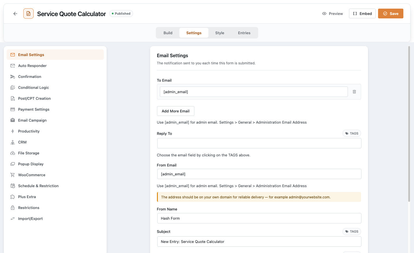 Email notification settings for a form