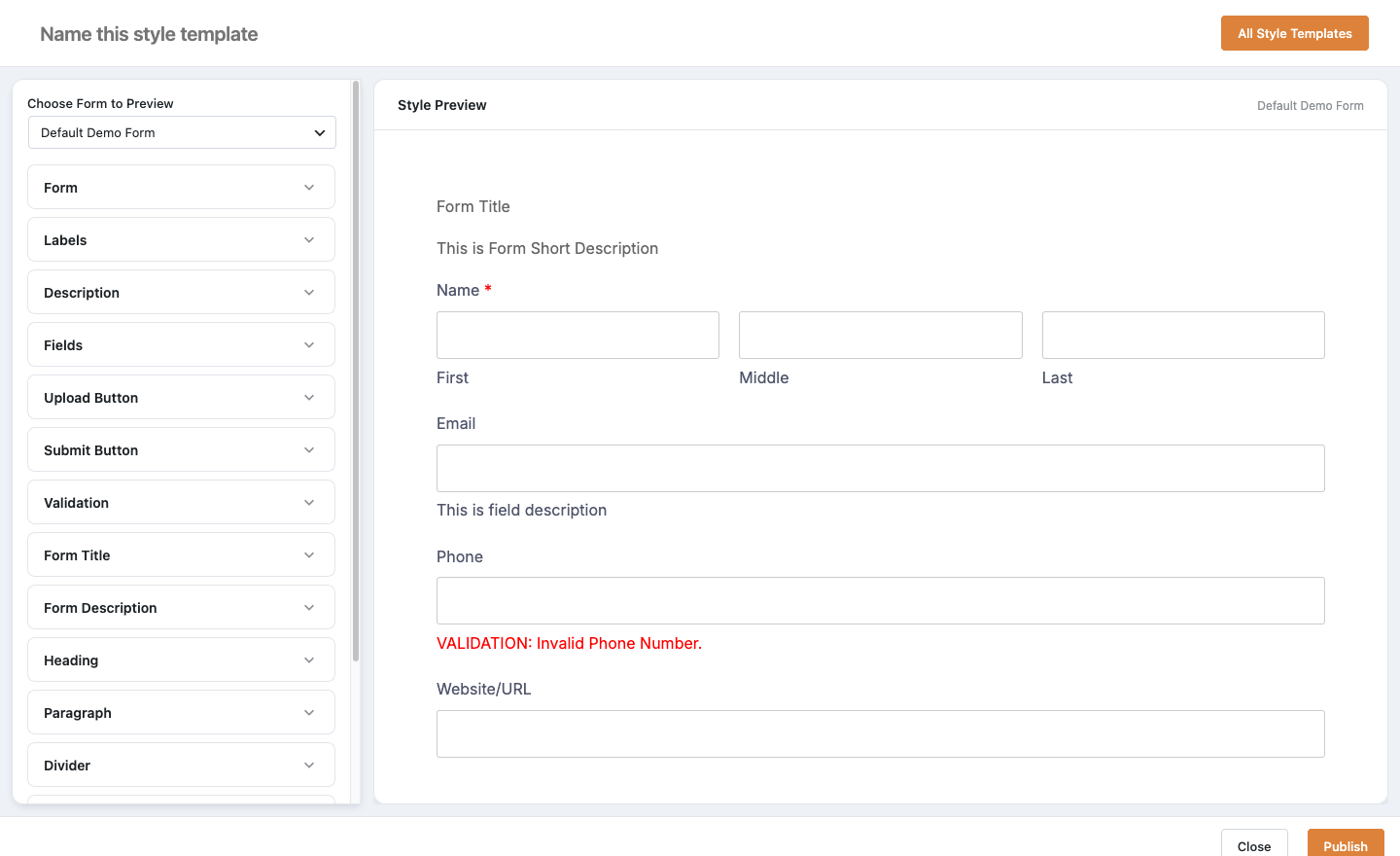 The Hash Form style template builder with a live preview