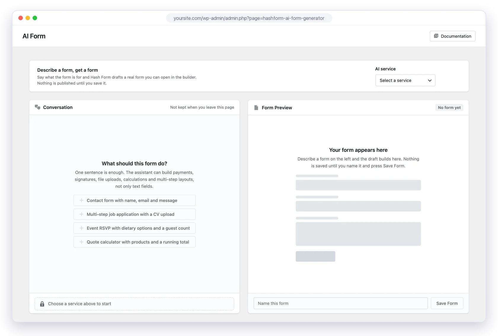 Hash Form Pro AI form builder with prompt suggestions and live preview