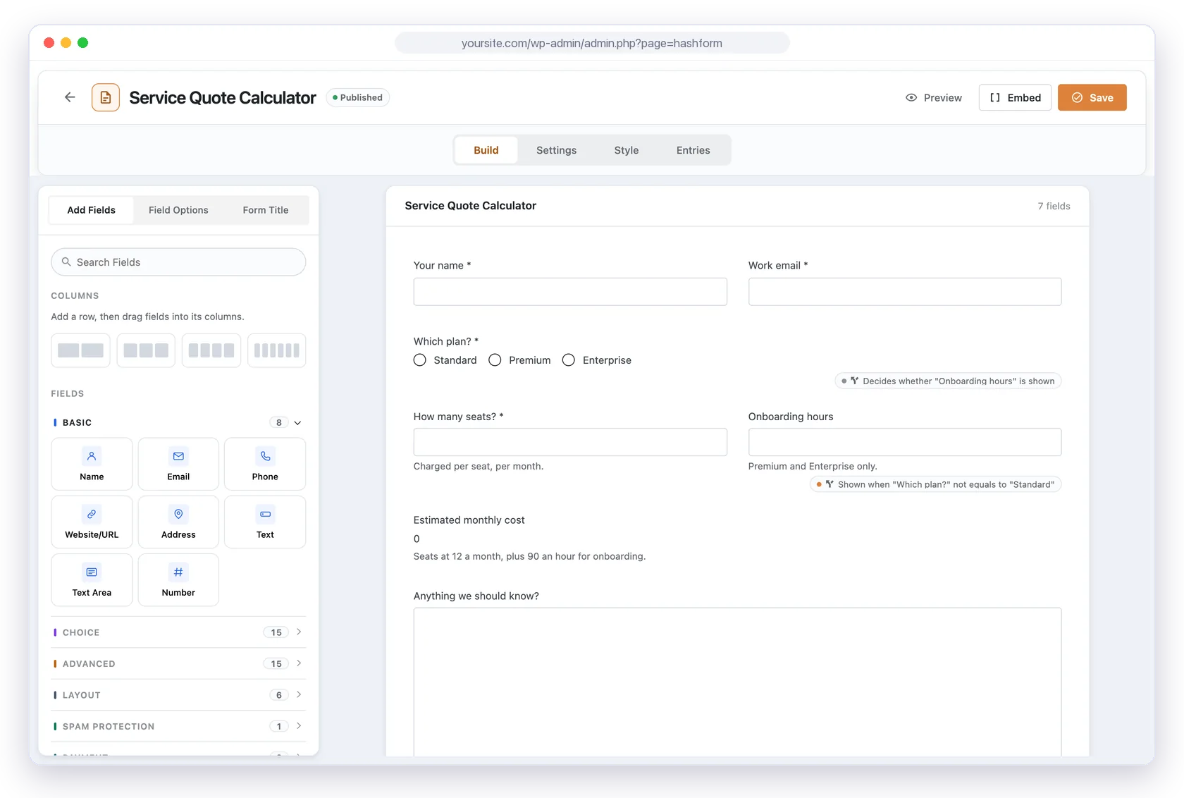 Hash Form drag and drop builder with fields panel and a two-column form canvas