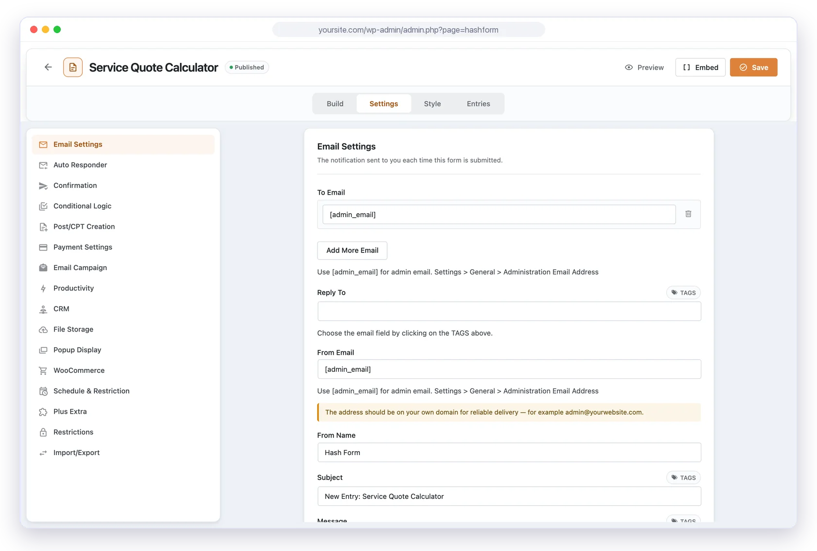 Hash Form email notification settings for a form
