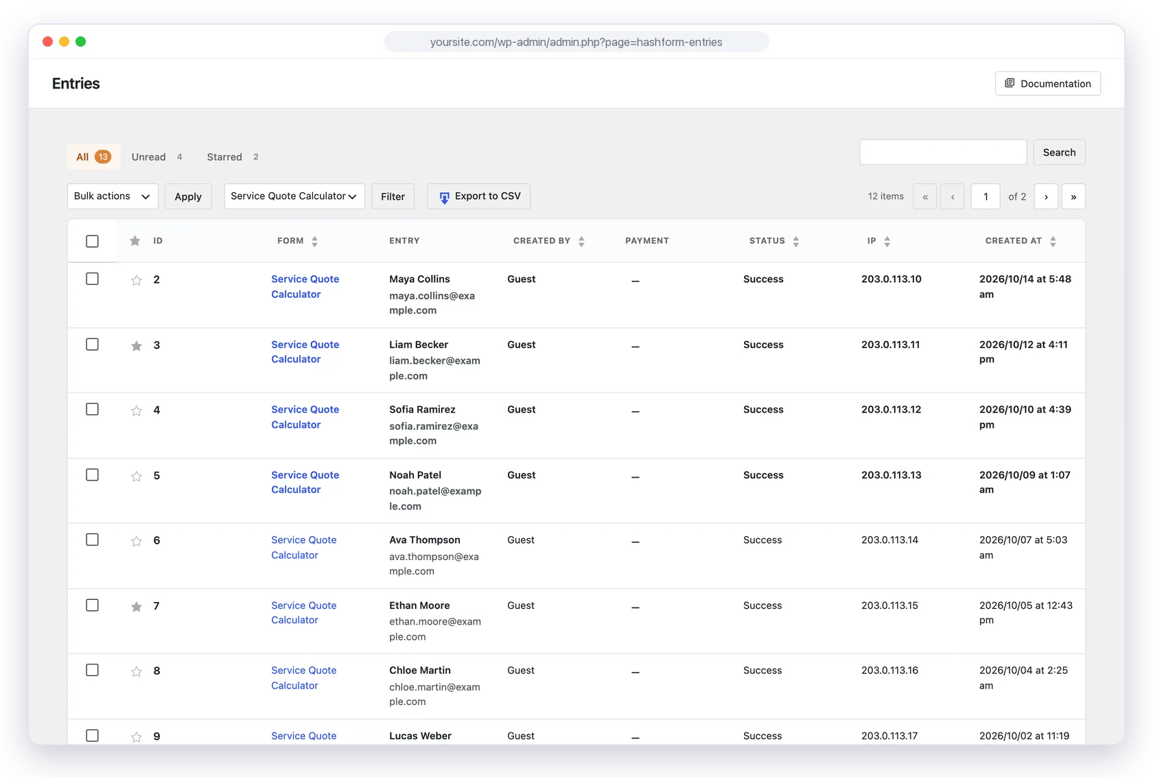 Hash Form entries list with submissions from a quote form