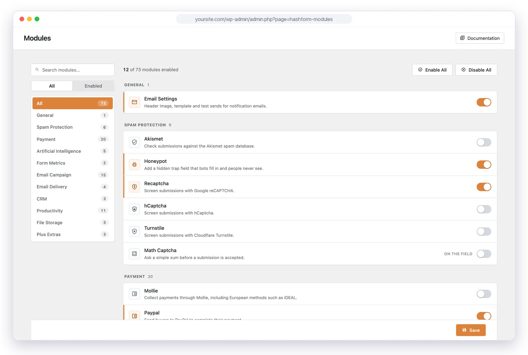 Hash Form Pro modules screen for switching integrations on and off