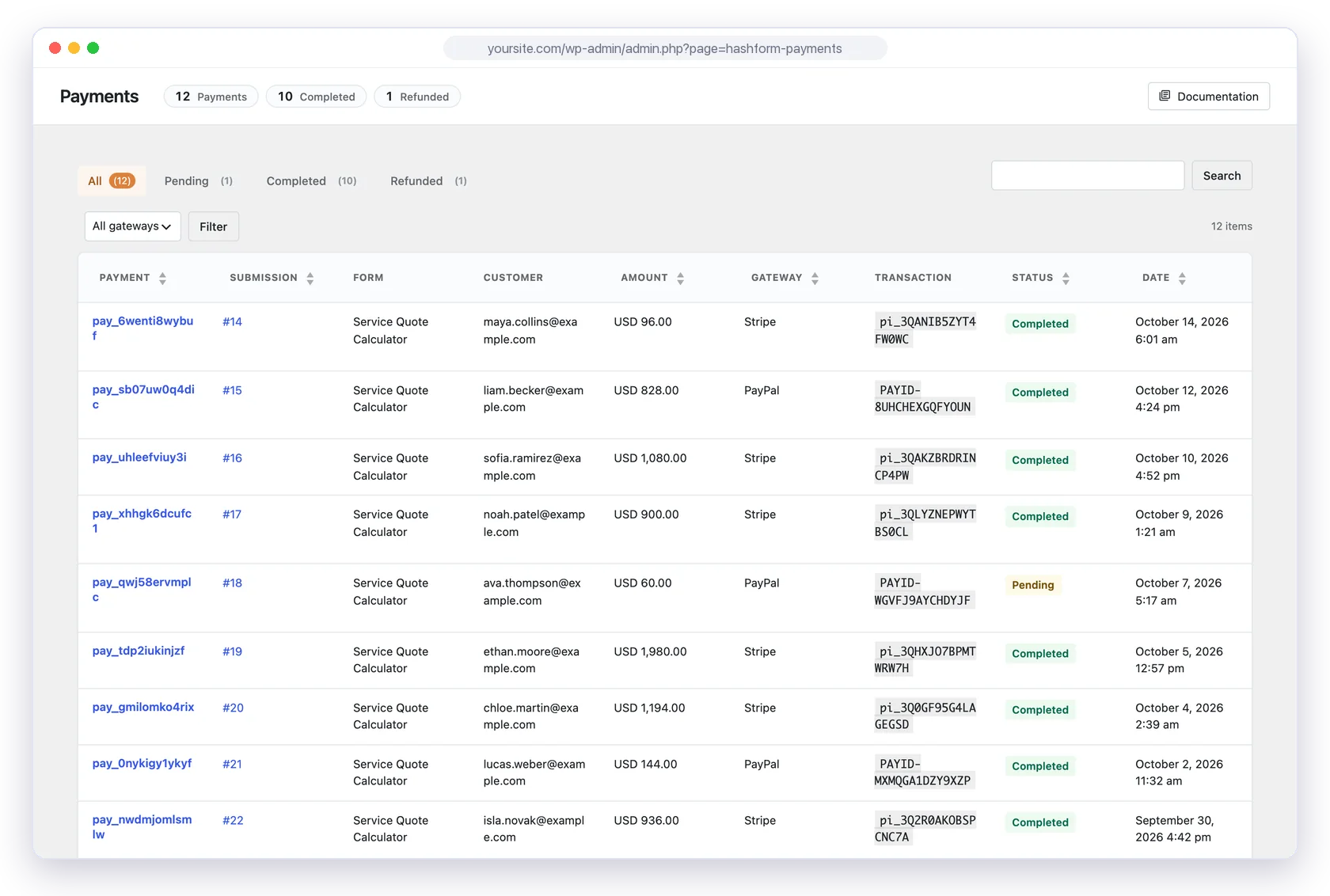 Hash Form Pro payments screen listing Stripe and PayPal transactions
