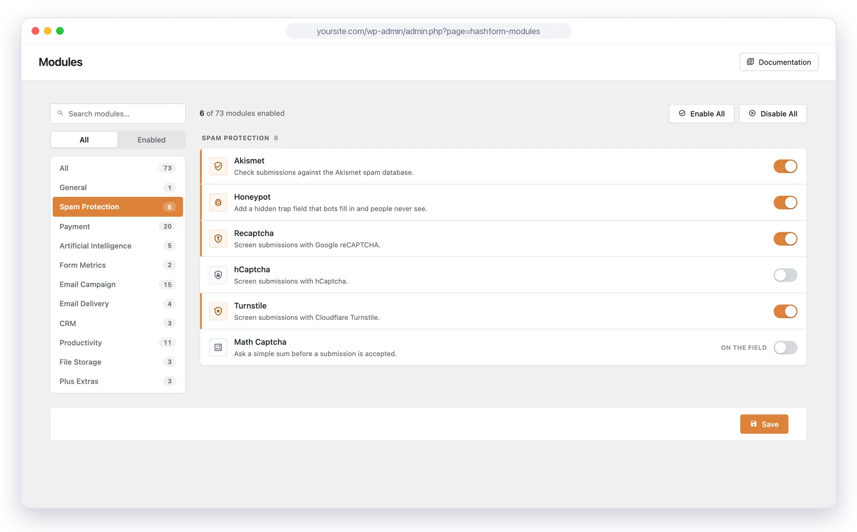 Hash Form Pro spam protection modules: Akismet, honeypot, reCAPTCHA, hCaptcha, Turnstile and Math Captcha