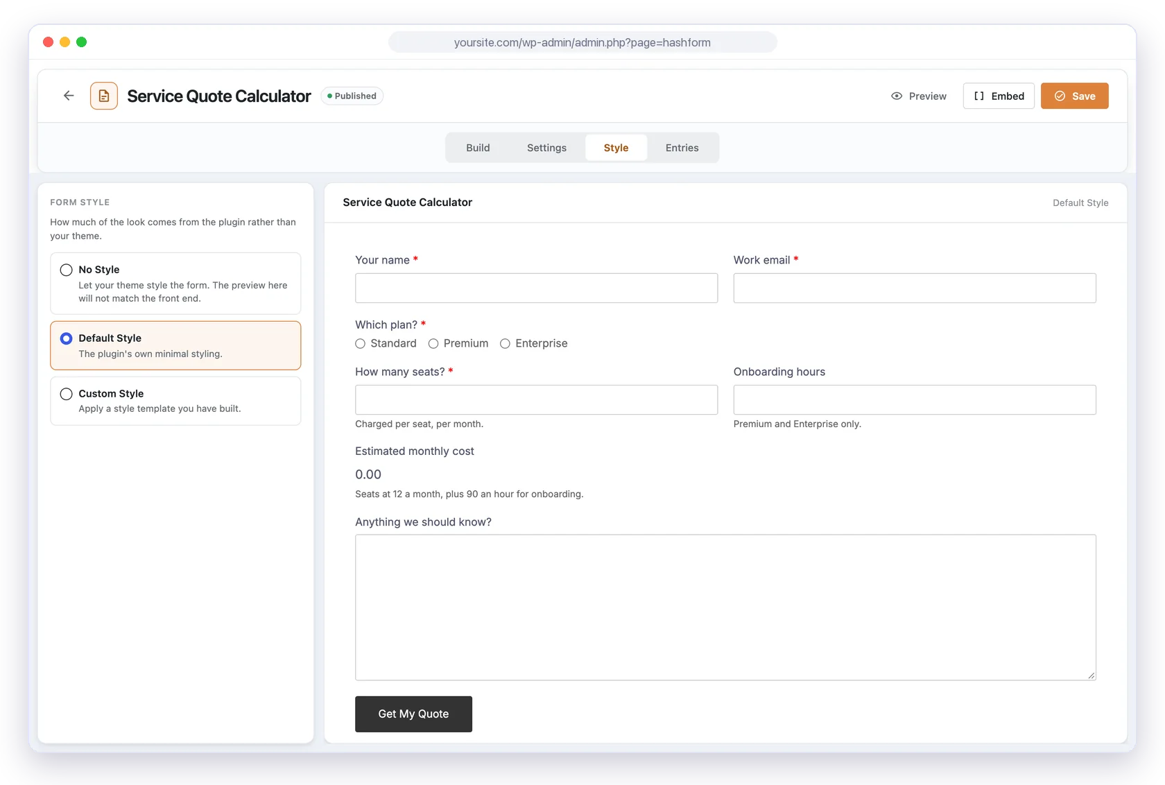 Hash Form Style tab previewing the form with the default style